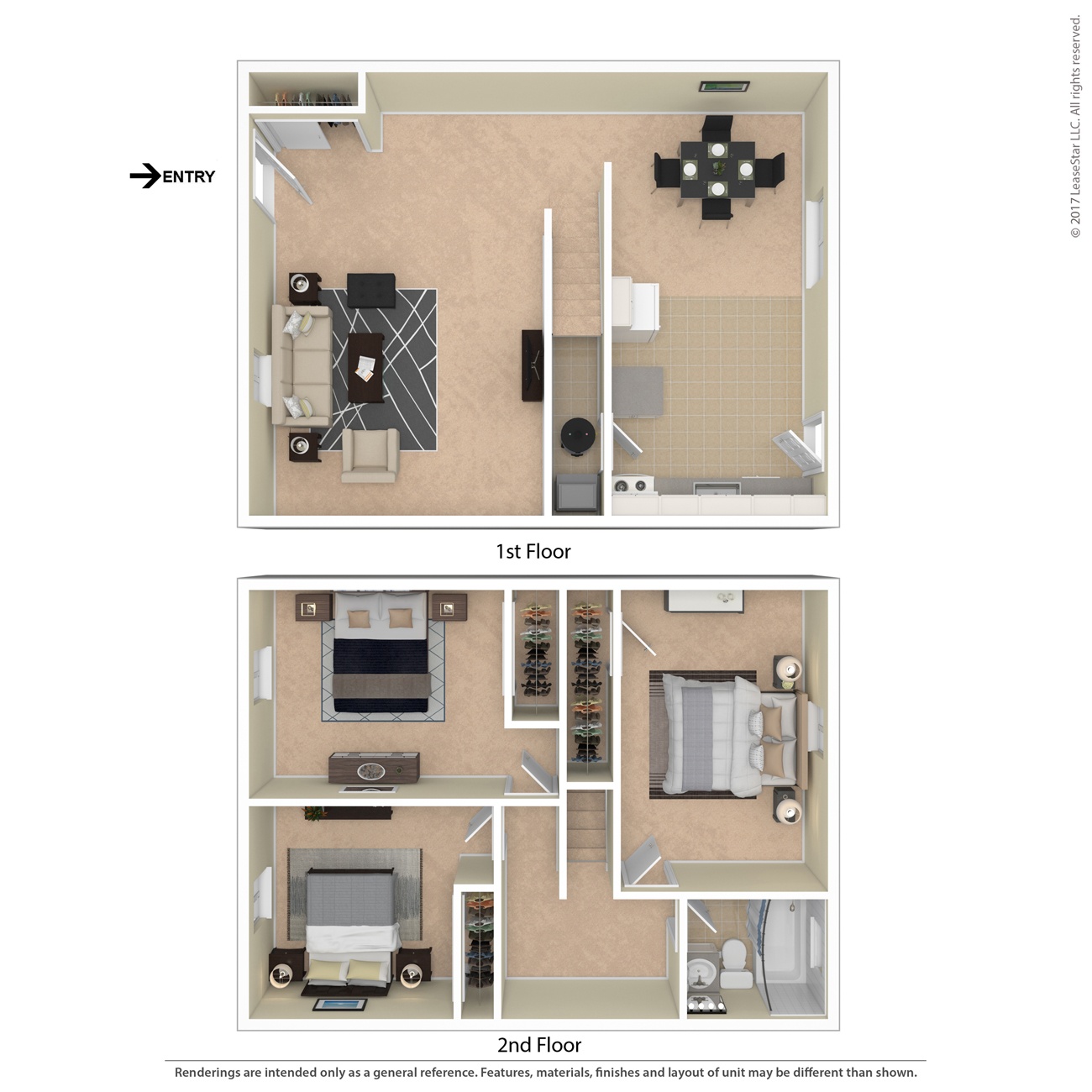 A floor plan of a two-story apartment with a living room